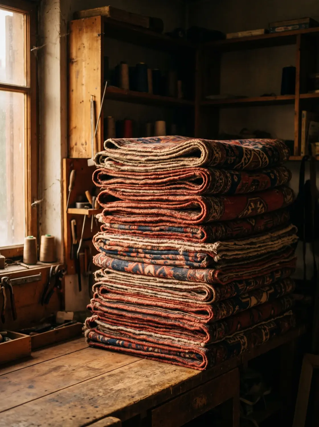 Pile de tapis d'Orient pliés (illustration)