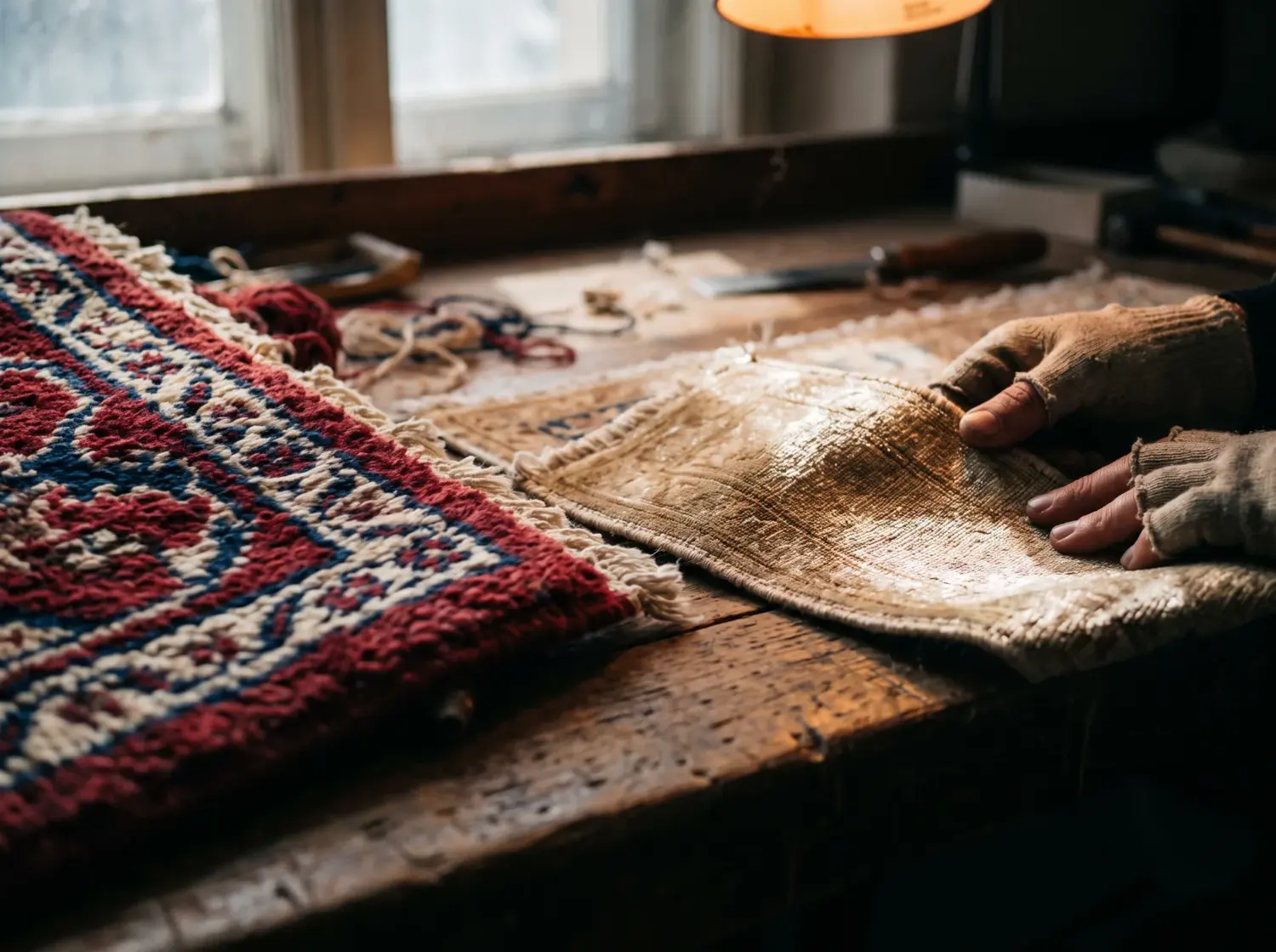Nettoyage délicat d'un tapis en soie au velours fin, atelier Maison Horn Bordeaux