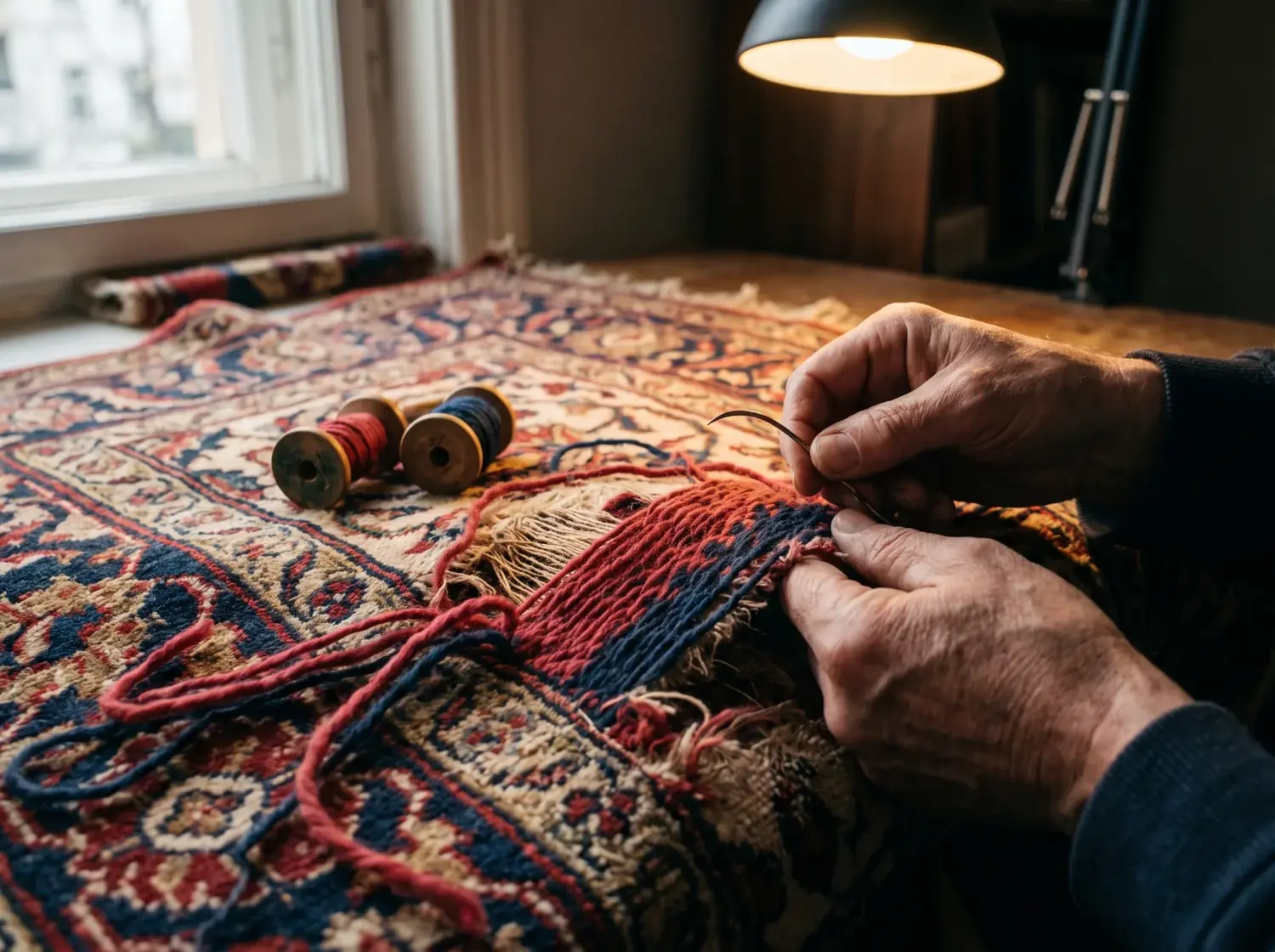 Rentrayage à la main d'un tapis d'Orient usé à l'atelier Maison Horn